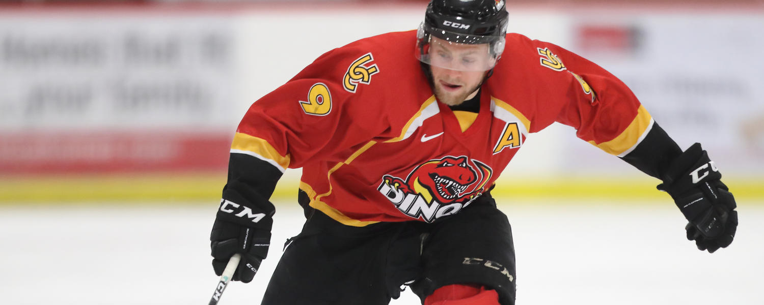 ucalgary dino male hockey player chasing the puck
